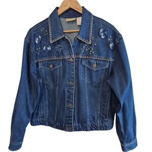 Liz Claiborne Vintage Denim Jacket Womens Large Embroidered Y2K Floral Boho Mom